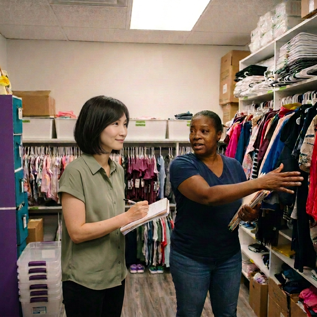 Heartale touring a nonprofit clothing closet with a community organization founder, listening and taking notes